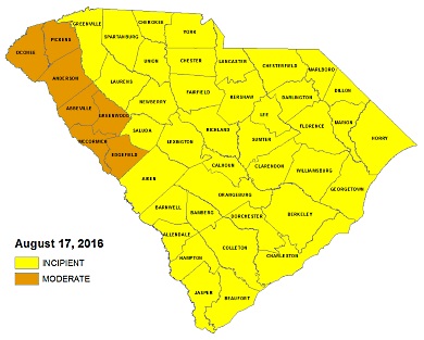 The current drought status of South Carolina's 46 counties as of October 25, 2016; the South Carolina Drought Response Committee will meet October 26 to discuss potential changes/updates to this map.