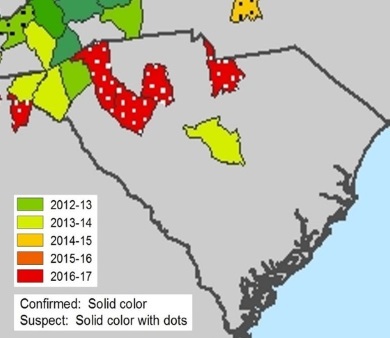 Mapa de distribución del Síndrome de la Nariz Blanca en Carolina del Sur. Última actualización: 10/12/2017