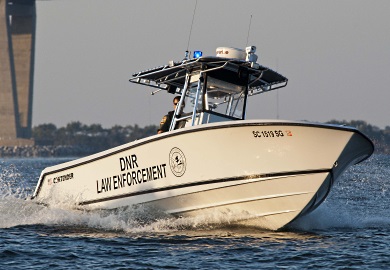 Stock photo of SCDNR Law Enforcement boat in harbor.