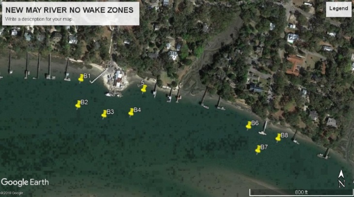 The markers in the image above represent the approximate boundaries of two new no wake zones approved for the May River in Beaufort County. SCDNR staff placed the buoys and signage for the new zones on May 4, 2018. Boater using the area should familiarize themselves with the new markers, take care to keep a good lookout when passing through the area and  manage their wakes responsibly. [Image courtesy Google Earth].