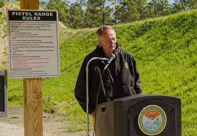 SCDNR Director Alvin Taylor addresses the audience gathered for the opening ceremony prior to the Twin Ponds shooting range opening to the public, April 7, 2017.
