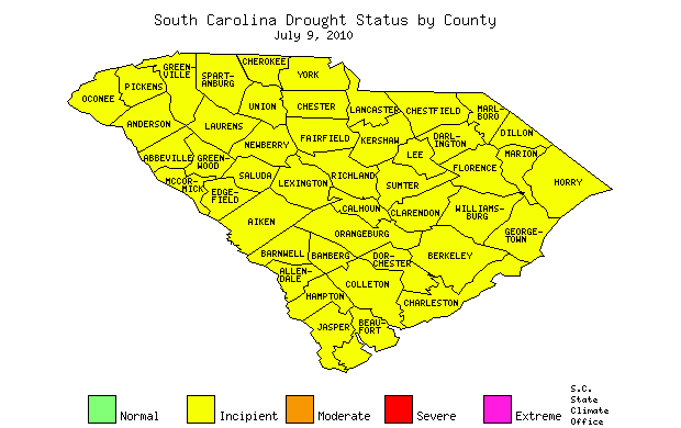 South Carolina Drought Map for July 9, 2010