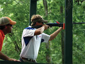 A member of the Laurence Manning Academy sporting clays team shooting at Backwoods Sporting Clays.