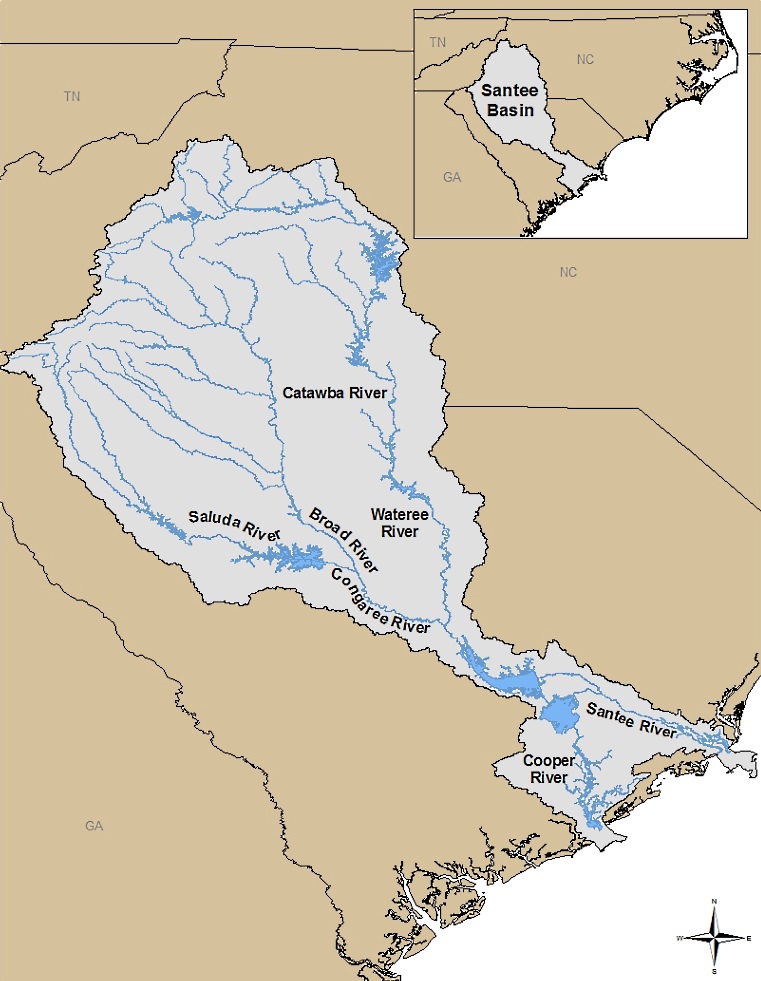 Map of Southeastern US showing Santee River Basin originating in North Carolina and meeting the Atlantic Ocean in South Carolina