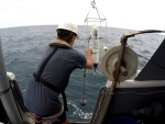 A Seabird Electronic 25 Plus CTD (Conductivity, Temperature, and Depth) is deployed to collect hydrographic data associated with sampled stations.