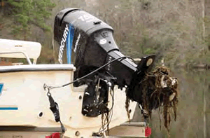 Boat motor with weeds attached to the propeller