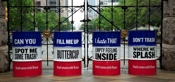 Don't mess with Texas anti-litter campaign trash can decoration examples