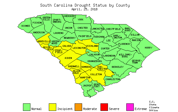 South Carolina Drought Map for April, 25, 2018