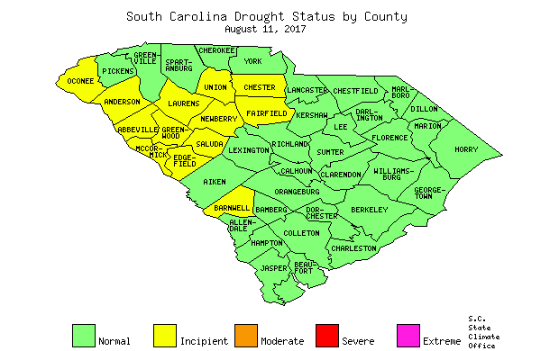 South Carolina Drought Map for August 11, 2017