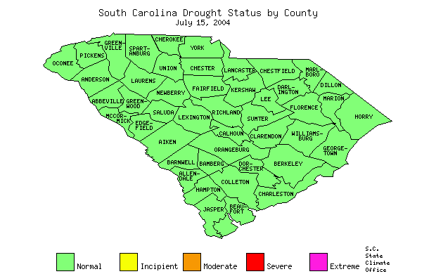 South Carolina Drought Map for July 15, 2004