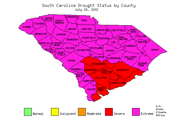 South Carolina Drought Map for July 24, 2002