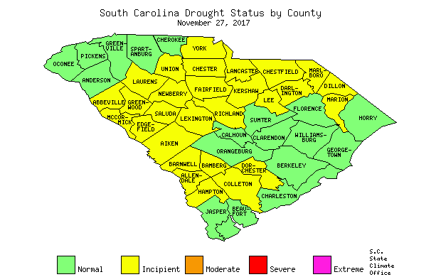 South Carolina Drought Map for November 27, 2017