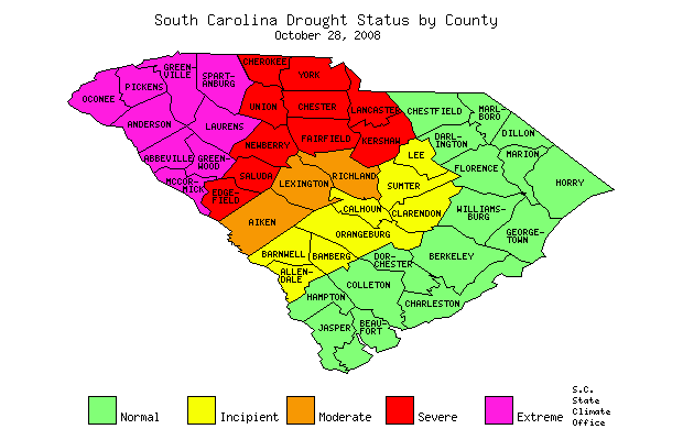South Carolina Drought Map for October 28, 2008