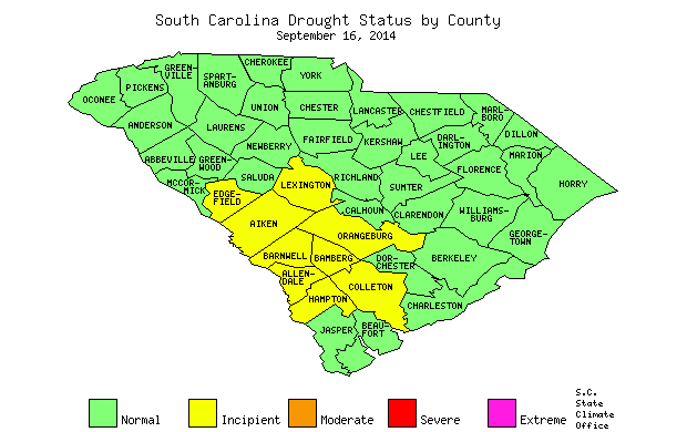 South Carolina Drought Map for September 16, 2014