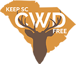 Outline of a deer over an outline of the state of South Carolina with the text 'Keep SC CWD Free' in the background 