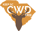 Outline of a deer over an outline of the state of South Carolina with the text 'Keep SC CWD Free' in the background
