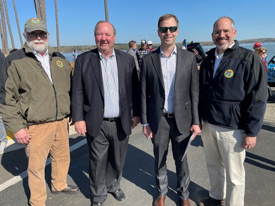 Partnerships were on display at the Bassmaster Classic announcement on Lake Hartwell. From left are SCDNR Freshwater Fisheries Chief Ross Self; B.A.S.S. CEO Bruce Akin; B.A.S.S. Chairman Chase Anderson; and SCDNR Director Robert H. Boyles Jr. (SCDNR photo by Greg Lucas) Partnerships were on display at the Bassmaster Classic announcement on Lake Hartwell. From left are SCDNR Freshwater Fisheries Chief Ross Self; B.A.S.S. CEO Bruce Akin; B.A.S.S. Chairman Chase Anderson; and SCDNR Director Robert H. Boyles Jr. (SCDNR photo by Greg Lucas)