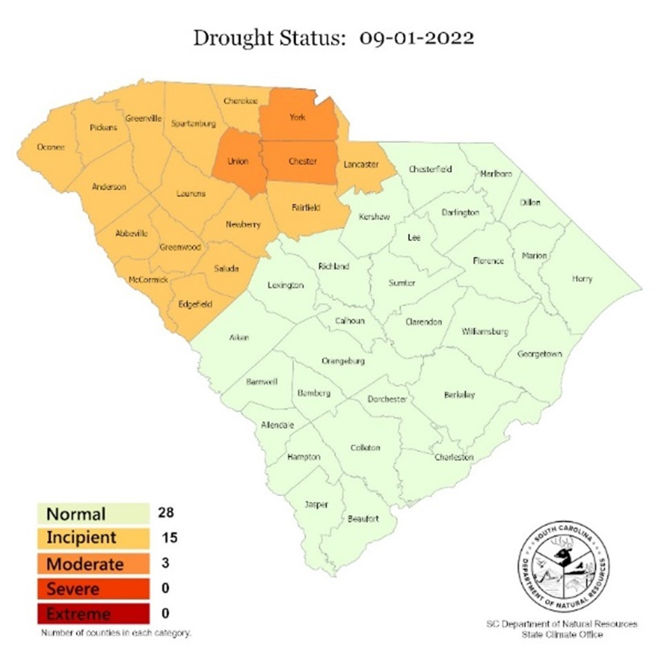 'Drought Status 09-2-2022' Map of South Carolina showing Union, York, and Chester counties as 'Moderate' drought status (filled in with orange color). Oconee, Pickens, Greenville, Spartanburg, Cherokee, Anderson, Laurens, Fairfield, Lancaster, Abbeville, Greenwood, Newberry, Saluda and Edgefield SC counties are shown as 'Incipient' drought status (filled in with gold color). All other SC counties are shown as Normal (filled in with light green color). 'SC Department of Natural Resources State Climate Offce' 