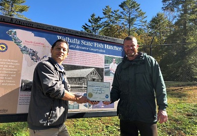 The Greenville-Spartanburg National Weather Service awarding SCDNR's Walhalla State Fish Hatchery 75 years of official weather observations. (Photo by the Greenville-Spartanburg National Weather Service) The Greenville-Spartanburg National Weather Service awarding SCDNR's Walhalla State Fish Hatchery 75 years of official weather observations. (Photo by the Greenville-Spartanburg National Weather Service)