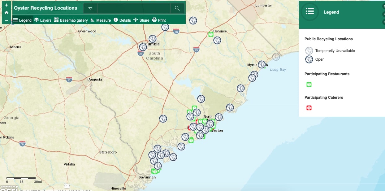 screenshot of a map of oyster shell recycling drop of locations