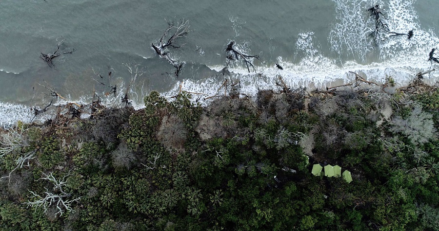 An aerial view of Botany Bay Plantation Heritage Preserve shows tents set up where Pockoy Island Shell Rings are located (Credit Jamie Koelker, Koelker & Associates, LLC.)