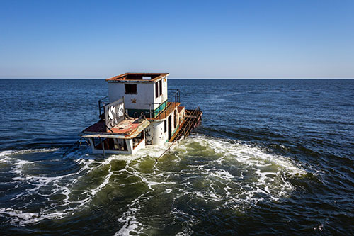 The retired tugboat begins sinking to join the CCA-McClellanville Reef on the seafloor. (Photo: Kaitlyn Hackathorn/SCDNR)