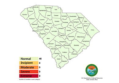 Map of south carolina showing all counties. All counties are in the Normal drought condition.  No counties are in the Incipient, Moderate, Severe, or Extreme drought counties.
