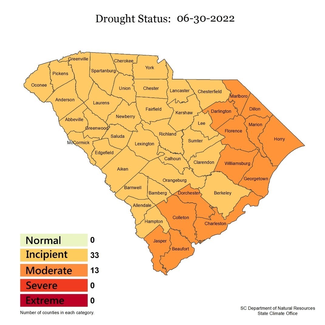 'Drought Status 06-30-2022' Map of South Carolina showing Beaufort, Charleston, Colleton, Darlington, Dillon, Dorchester, Florence, Georgetown, Horry, Jasper, Marlboro, Marion, and Williamsburg counties as 'Moderate' drought status (filled in with orange color). All other SC counties are shown as 'Incipient' drought status (filled in with gold color). 'SC Department of Natural Resources State Climate Offce' 