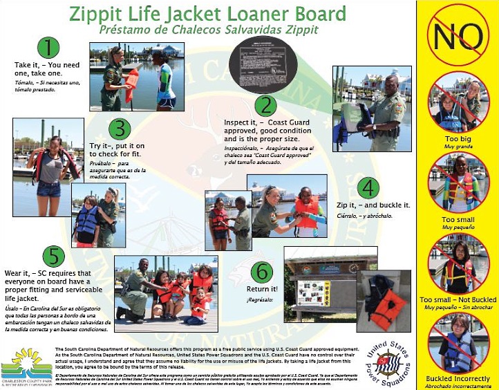 A new life jacket loaner board with bilingual signage instructing users in the proper use of life jackets will be placed at the John P. Limehouse Boat Landing. A new life jacket loaner board with bilingual signage instructing users in the proper use of life jackets will be placed at the John P. Limehouse Boat Landing.