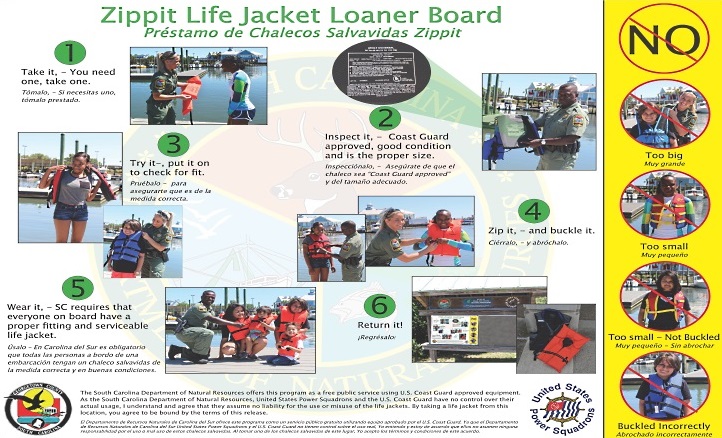A new life jacket loaner board with bi-lingual signage instructing users in the proper use of life jackets will be placed at the Murrells Inlet Boat Landing.