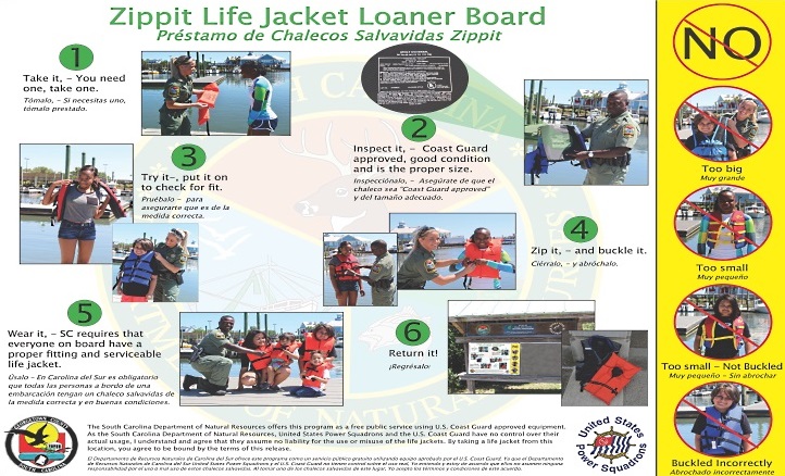 A new life jacket loaner board with bi-lingual signage instructing users in the proper use of life jackets will be placed at the Murrells Inlet Boat Landing. A new life jacket loaner board with bi-lingual signage instructing users in the proper use of life jackets will be placed at the Murrells Inlet Boat Landing.
