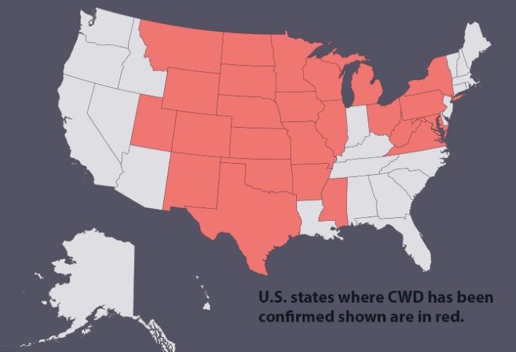 Map of U.S. States where CWD has been confirmed and shown in red.
