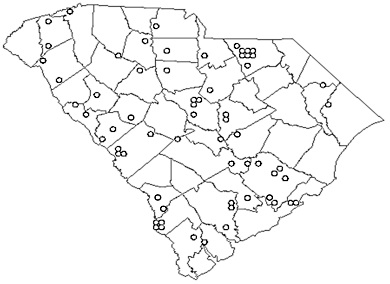 Figure 1. South Carolina Bobwhite Quail Whistling Cock Census route locations: 1979 - 2017. Figure 1. South Carolina Bobwhite Quail Whistling Cock Census route locations: 1979 - 2017.