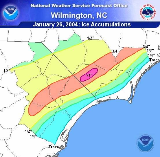 Ice accumulations from NWS Wilmington, NC