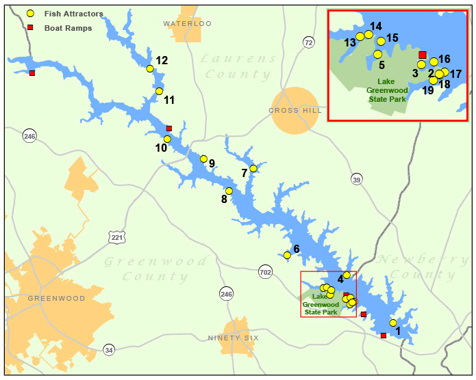 Lake Greenwood Fish Attractors Map