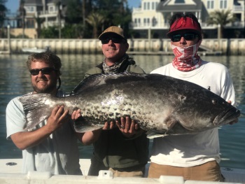 James L. Lasher, III holding up his record Gag Grouper with two friends