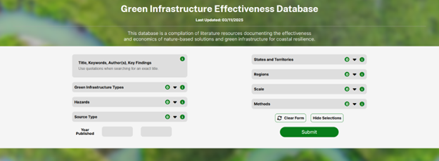 Preview of the search page for the Green Infrastructure Effectiveness database