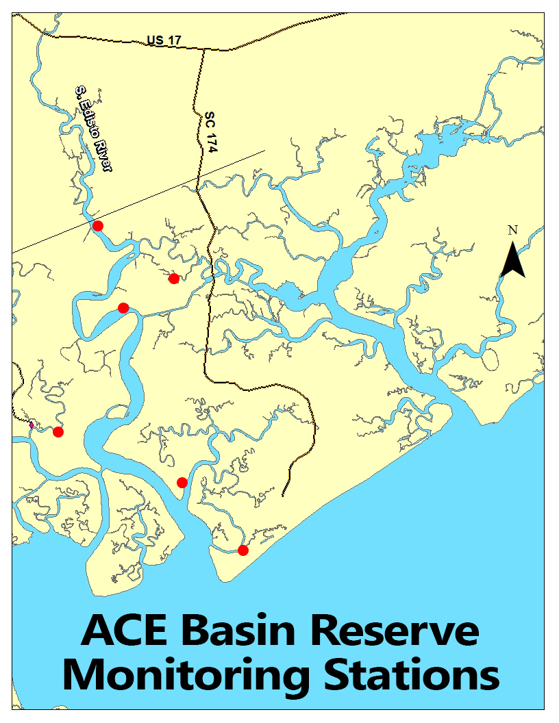 A map showing the location of 6 water quality monitoring sites along the Edisto River and nearby tidal creeks.