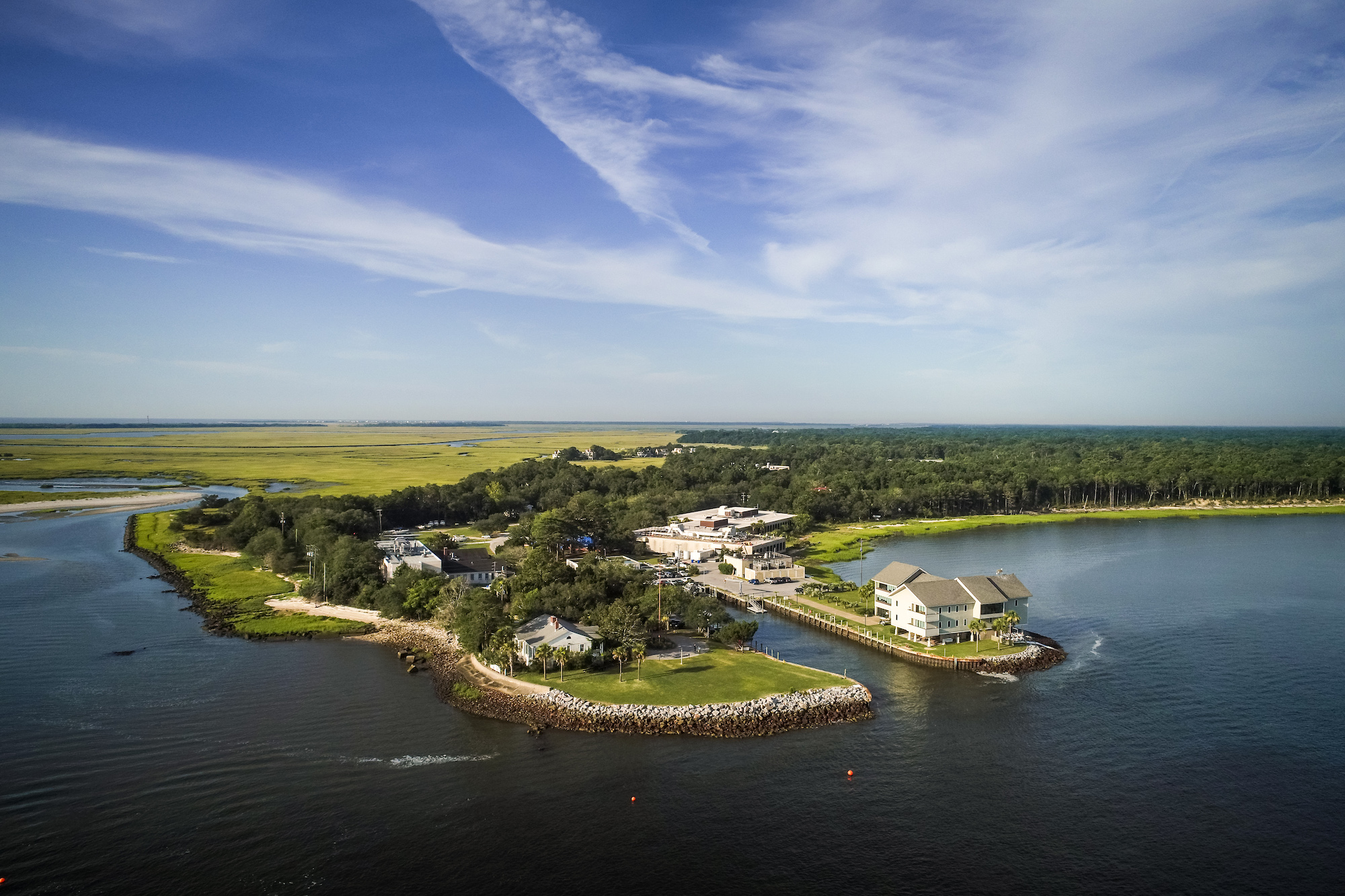 The lab, administration building, and boat slip of Fort Johnson from above