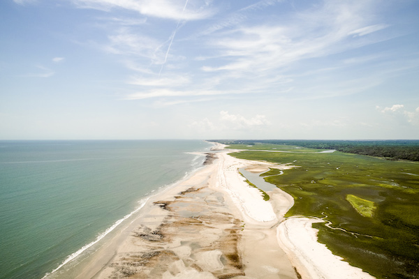 Aerial view of the beach at Botany Bay Plantation