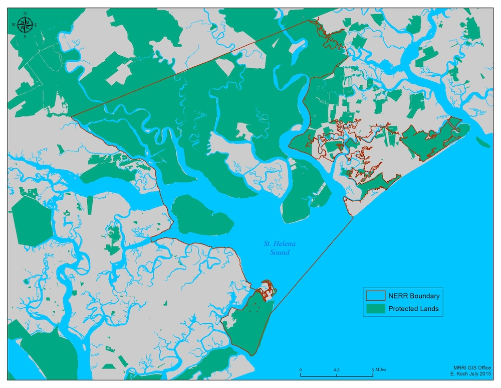 A map of the ACE Basin showing the boundary of the NERR and protected lands