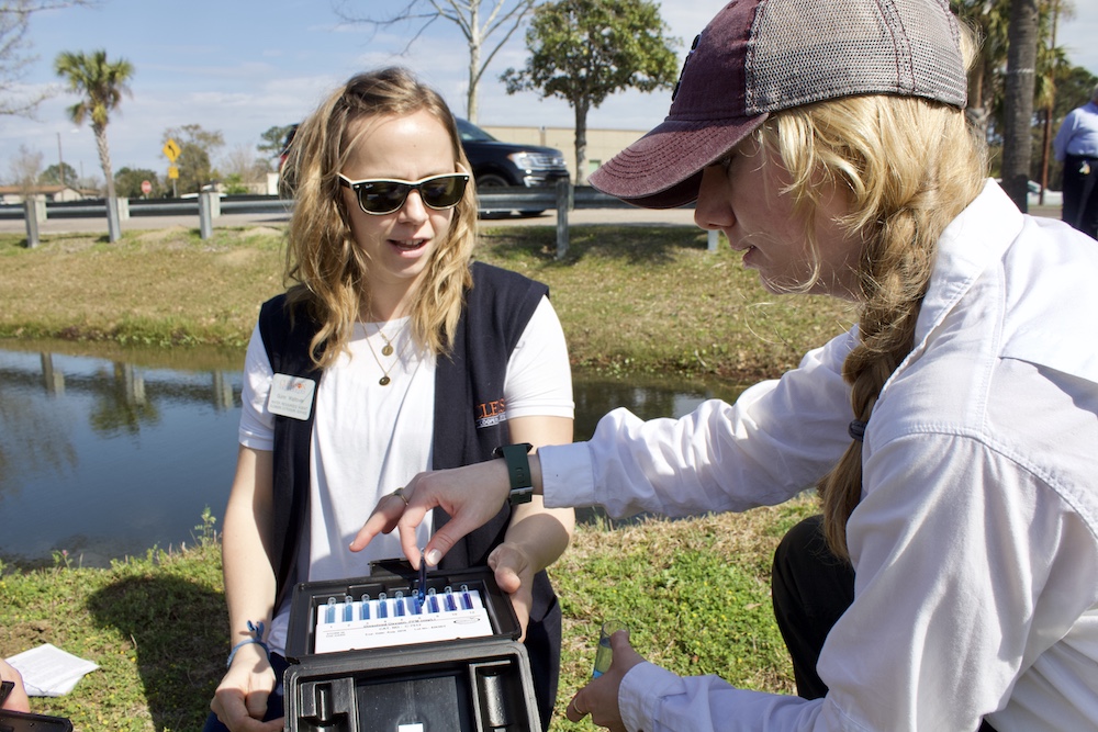 Comparing water samples at a stormwater pond workshop