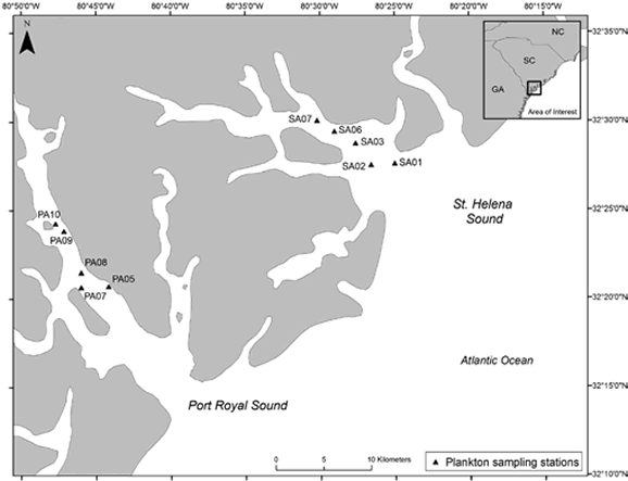 Figure 1. Cobia larvae/egg sampling locations in St. Helena and Port Royal Sounds, SC.