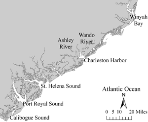 Figure 1. Locations of rivers where stocking occurred in Charleston Harbor and estuaries where longline sampling occurred along the South Carolina coast.