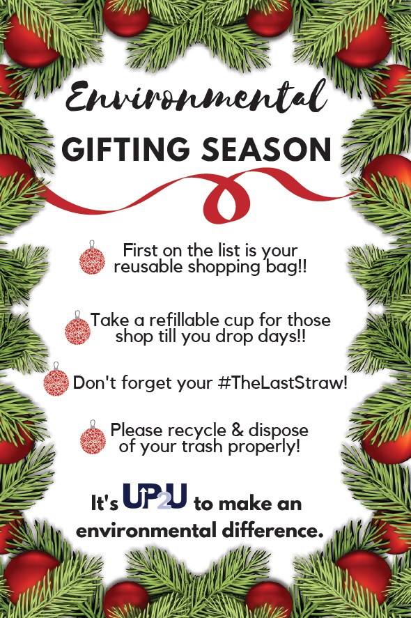 It's Environmental Gifting Season! First on the list is your reusable shopping bag! Take a refillable cup for those shop till you drop days!! Don't forget your #TheLastStraw! Please recycle and dispose of your trash properly!