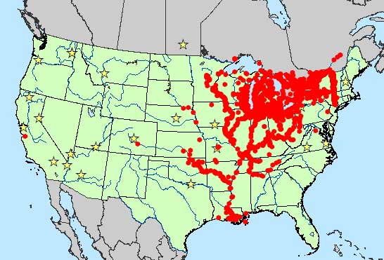 US map of Zebra Mussel Distribution