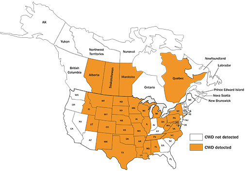 CWD Affected US States and Canadian Provinces as of July 2021